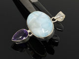 Natural Larimar and Amethyst Gemstone Pendant, Sterling Silver Jewelry, Larimar Pendant, Amethyst Pendant, Bohemian Jewelry