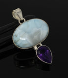 Natural Larimar and Amethyst Gemstone Pendant, Sterling Silver Jewelry, Larimar Pendant, Amethyst Pendant, Bohemian Jewelry