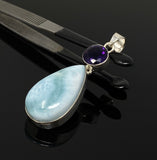 Natural Larimar and Amethyst Gemstone Pendant, Sterling Silver Jewelry, Larimar Pendant, Amethyst Pendant, Bohemian Jewelry