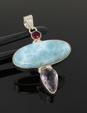 Natural Larimar, Garnet and Amethyst Gemstone Pendant, Sterling Silver Jewelry, Larimar Pendant, Amethyst Pendant, Bohemian Jewelry
