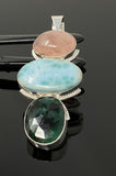 Larimar Gemstone Pendant with Emerald and Morganite , Wire Wrapped Pendant, Silver Jewelry Gifts for Her, Bohemian Jewelry