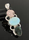 Larimar Gemstone Pendant with Emerald and Morganite , Wire Wrapped Pendant, Silver Jewelry Gifts for Her, Bohemian Jewelry