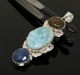 Larimar Gemstone Pendant with Blue Sapphire and Labradorite , Wire Wrapped Pendant, Silver Jewelry Gifts for Her, Bohemian Jewelry