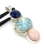 Larimar Gemstone Pendant with Blue Sapphire and Pink Opal, Wire Wrapped Pendant, Silver Jewelry Gifts for Her, Bohemian Jewelry