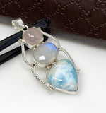 Larimar Gemstone Pendant with Morganite and Moonstone , Wire Wrapped Pendant, Silver Jewelry Gifts for Her, Bohemian Jewelry