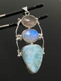 Larimar Gemstone Pendant with Morganite and Moonstone , Wire Wrapped Pendant, Silver Jewelry Gifts for Her, Bohemian Jewelry