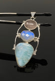 Larimar Gemstone Pendant with Morganite and Moonstone , Wire Wrapped Pendant, Silver Jewelry Gifts for Her, Bohemian Jewelry