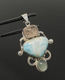 Larimar Gemstone Pendant with Aquamarine and Morganite , Wire Wrapped Pendant, Silver Jewelry Gifts for Her, Bohemian Jewelry