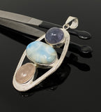 Larimar Gemstone Pendant with Morganite and Tanzanite , Wire Wrapped Pendant, Silver Jewelry Gifts for Her, Bohemian Jewelry