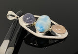 Larimar Gemstone Pendant with Morganite and Tanzanite , Wire Wrapped Pendant, Silver Jewelry Gifts for Her, Bohemian Jewelry