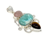 Gemstone Pendant - Larimar, Tigers Eye and Morganite Pendant, Wire Wrapped Pendant Silver Jewelry Gifts for Her, Bohemian Jewelry