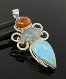 Larimar Gemstone Pendant with Aquamarine and Sunstone, Wire Wrapped Pendant, Silver Jewelry Gifts for Her, Bohemian Jewelry