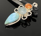 Larimar Gemstone Pendant with Aquamarine and Sunstone, Wire Wrapped Pendant, Silver Jewelry Gifts for Her, Bohemian Jewelry