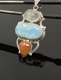 Larimar Gemstone Pendant with Aquamarine and Sunstone, Wire Wrapped Pendant, Silver Jewelry Gifts for Her, Bohemian Jewelry