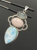 Gemstone Pendant - Larimar, Aquamarine and Pink Opal, Wire Wrapped Pendant, Silver Jewelry Gifts for Her, Bohemian Jewelry