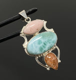 Gemstone Pendant - Larimar, Sunstone and Pink Opal, Wire Wrapped Pendant, Silver Jewelry Gifts for Her, Bohemian Jewelry