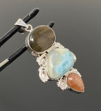 Gemstone Pendant - Larimar, Sunstone and Labradorite, Wire Wrapped Pendant, Silver Jewelry Gifts for Her, Bohemian Jewelry