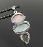 Gemstone Pendant - Larimar, Pink Opal and Labradorite , Wire Wrapped Pendant, Silver Jewelry Gifts for Her, Bohemian Jewelry