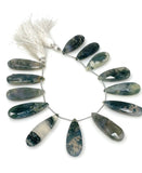 Natural Green Moss Agate Gemstone Beads, Moss Agate Faceted Pear Briolette Beads, Wholesale Beads, 24mm - 37mm, 7.75” Strand/ 13-14Pcs