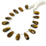 Natural Tiger Eye Gemstone Beads, Tiger Eye Faceted Pear Briolette Beads, Jewelry Supplies, 8" Strand/ 14 pcs