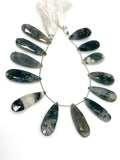 Natural Green Moss Agate Gemstone Beads, Moss Agate Faceted Pear Briolette Beads, Wholesale Beads, 24mm - 37mm, 7.75” Strand/ 13-14Pcs