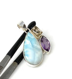 Sterling Silver Larimar Pendant with Golden Rutile and Amethyst, Gemstone Pendant, Bohemian Jewelry