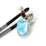 Natural Larimar with Garnet and Citrine Gemstone Pendant, Sterling Silver Jewelry, Larimar Pendant, Citrine Pendant, Bohemian Jewelry