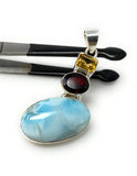 Natural Larimar with Garnet and Citrine Gemstone Pendant, Sterling Silver Jewelry, Larimar Pendant, Citrine Pendant, Bohemian Jewelry