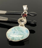 Natural Larimar with Garnet and Yellow Rutile Gemstone Pendant, Sterling Silver Jewelry, Larimar Pendant, Bohemian Jewelry