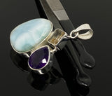 Sterling Silver Larimar Pendant with Golden Rutile and Amethyst, Gemstone Pendant, Bohemian Jewelry
