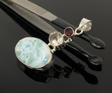 Natural Larimar with Garnet and Yellow Rutile Gemstone Pendant, Sterling Silver Jewelry, Larimar Pendant, Bohemian Jewelry