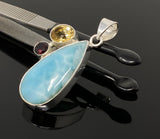 Natural Larimar with Garnet and Citrine Gemstone Pendant, Sterling Silver Jewelry, Larimar Pendant, Citrine Pendant, Bohemian Jewelry
