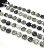 10 Pcs Black Rutile Carved Gemstone Beads, Black Rutilated Quartz Flower Carving Beads Heart Shape for Jewelry Making, 12x12mm