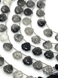 10 Pcs Black Rutile Carved Gemstone Beads, Black Rutilated Quartz Flower Carving Beads Heart Shape for Jewelry Making, 12x12mm
