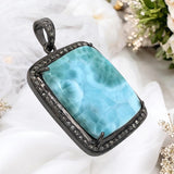 Larimar Gemstone Pendant, Sterling Silver Pave Diamond Pendant, Spiritual Healing Gemstone Larimar Jewelry, Throat Chakra Crystal Jewelry