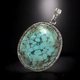 Silver Turquoise Pave Diamond Pendant, Tibetan Turquoise Gemstone Jewelry, Chakra Healing December Birthstone Pendant, Spiritual Jewelry