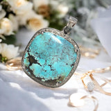 Turquoise Pave Diamond Pendant, Tibetan Turquoise Pendant, Spiritual Healing Gemstone Jewelry, Throat Chakra Pendant, December Birthstone