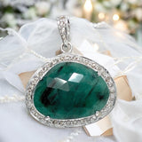Emerald Pendant, May Birthstone Silver Pave Diamond Crystal Pendant, Heart Chakra Balancing Healing Jewelry, Spiritual Gemstone Pendant Gift