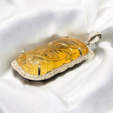 Carved Citrine Pave Diamond Gemstone Pendant, November Birthstone Silver Jewelry, Spiritual Healing Crystal Jewelry, Solar Plexus Chakra
