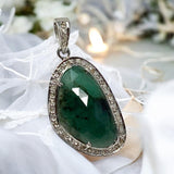 Emerald Pendant, Silver Pave Diamond Emerald Gemstone Pendant, May Birthstone Pendant, Spiritual Crystal Jewelry, Healing Chakra Jewelry