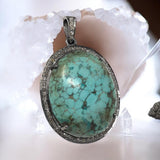 Silver Turquoise Pave Diamond Pendant, Tibetan Turquoise Gemstone Jewelry, Chakra Healing December Birthstone Pendant, Spiritual Jewelry