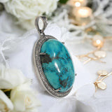 Silver Turquoise Pendant Pave Diamond Pendant, Throat Chakra Healing December Birthstone Jewelry, Spiritual Crystal Pendant, Gifts for Her