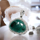 Emerald Pendant, May Birthstone Silver Pave Diamond Crystal Pendant, Heart Chakra Balancing Healing Jewelry, Spiritual Gemstone Pendant Gift