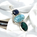 Silver Gemstone Pendant: Larimar, Emerald and Blue Sapphire, Spiritual Healing Crystal Pendant, Chakra Jewelry, Birthstone Jewlery Gifts