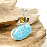 Natural Larimar with Garnet and Citrine Gemstone Pendant, Sterling Silver Jewelry, Larimar Pendant, Citrine Pendant, Bohemian Jewelry