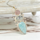 Sterling Silver Gemstone Pendant : Larimar, Morganite, Aquamarine, Spiritual Healing Crystal Pendant, Chakra Jewelry, Bohemian Jewelry Gifts