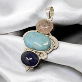 Silver Gemstone Pendant : Larimar, Morganite & Tanzanite, Spiritual Healing Crystal Pendant, Chakra Jewelry, Birthstone Jewelry Gifts