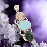 Larimar Gemstone Pendant with Emerald and Morganite , Wire Wrapped Pendant, Silver Jewelry Gifts for Her, Bohemian Jewelry