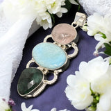Larimar Gemstone Pendant with Emerald and Morganite , Wire Wrapped Pendant, Silver Jewelry Gifts for Her, Bohemian Jewelry