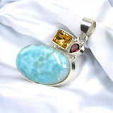 Natural Larimar with Garnet and Citrine Gemstone Pendant, Sterling Silver Jewelry, Larimar Pendant, Citrine Pendant, Bohemian Jewelry
